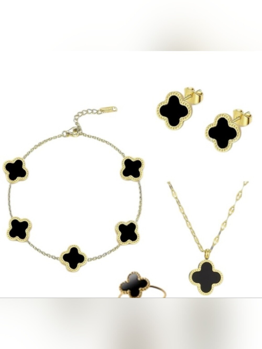 Gold Plated Over Stainless Steel Clover Onyx Necklace, Bracelet,Earrings & Ring - Picture 1 of 5